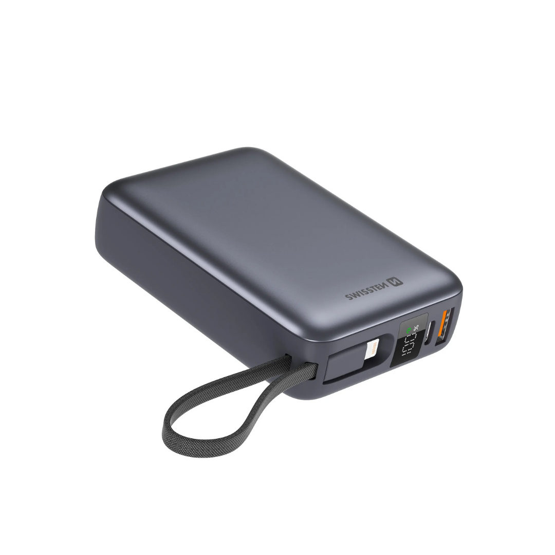 Swissten 20,000mAh Powerbank with Built in Cables in Silver