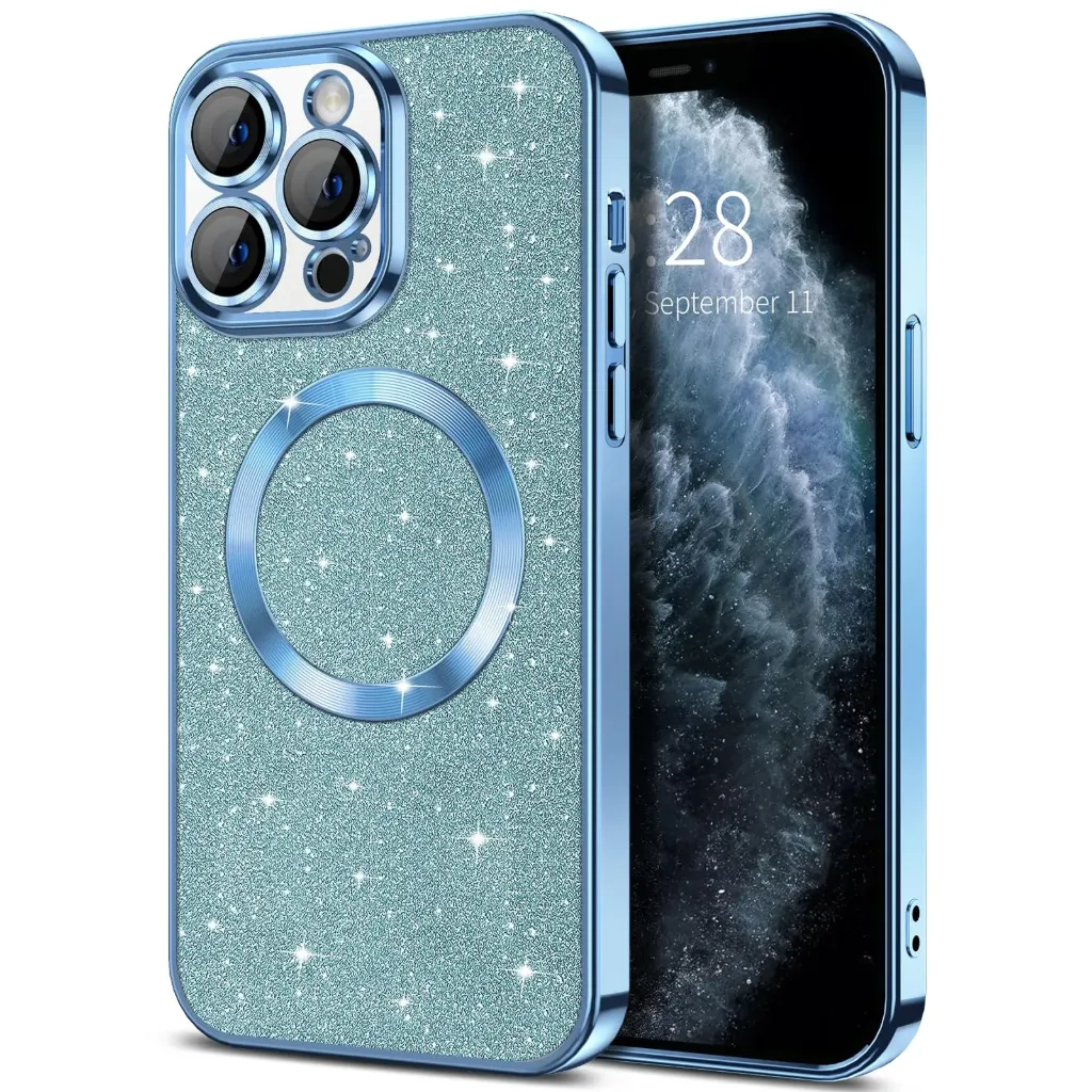 [10700] iPhone 11 Phone Case - Light Teal Clear & Glitters with Camera Cover