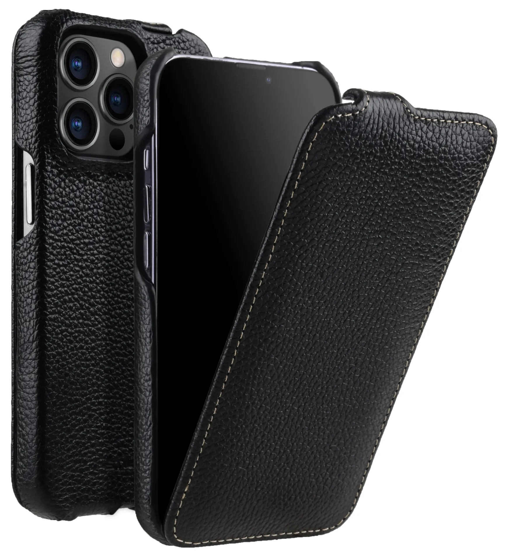 [10529] iPhone 13 Pro Phone Case - Flip Black Leather