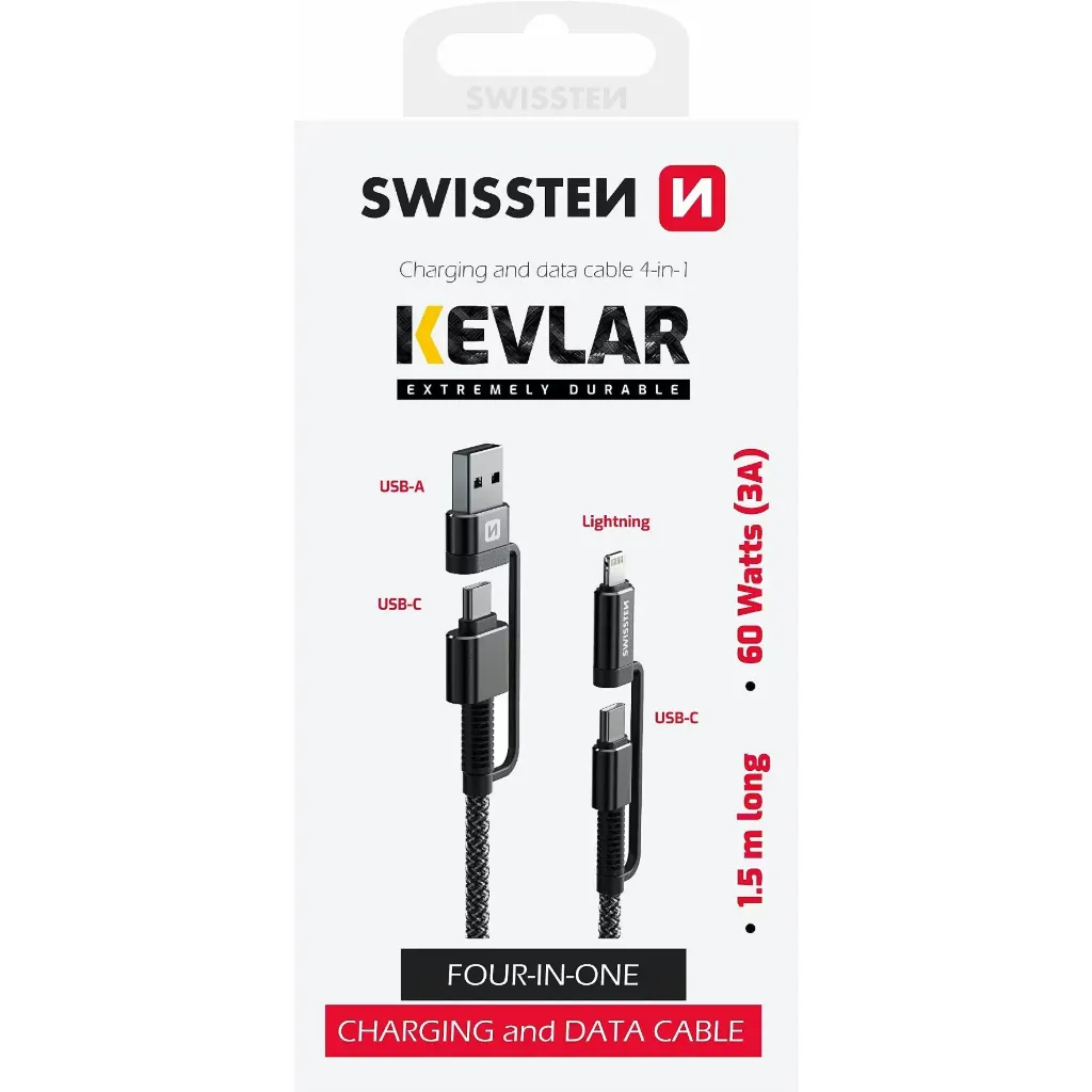 [8595217481367] Kevlar 4-in-1 Data & Charging Cable - Swissten