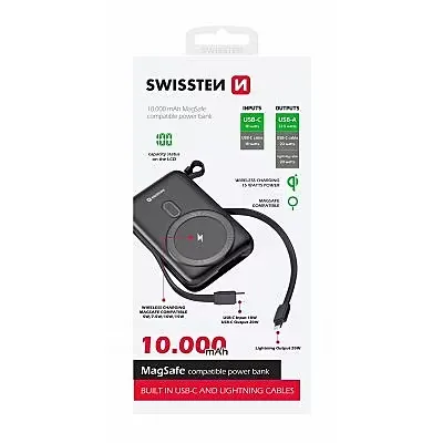 [8595217484788] Swissten 10000mAh MagSafe Powerbank with Built-In Cables