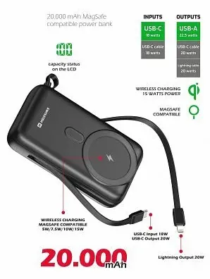 [8595217484795] Swissten 20,000mAh Powerbank with Built-In Cables