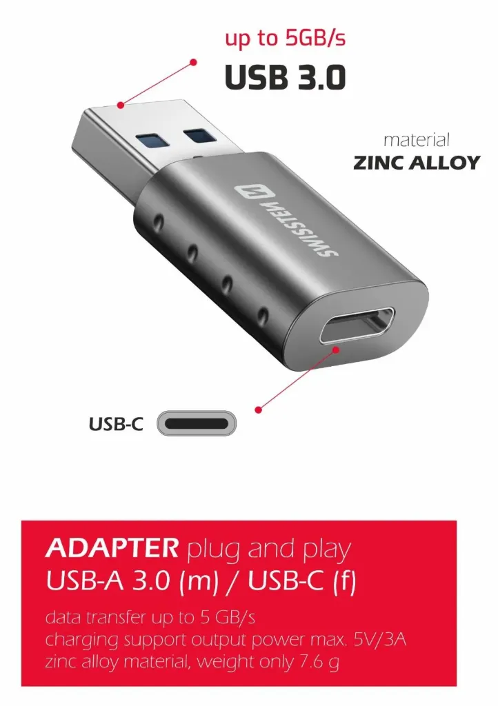 Swissten Adapter Usb-C(M)/Usb-A(F)