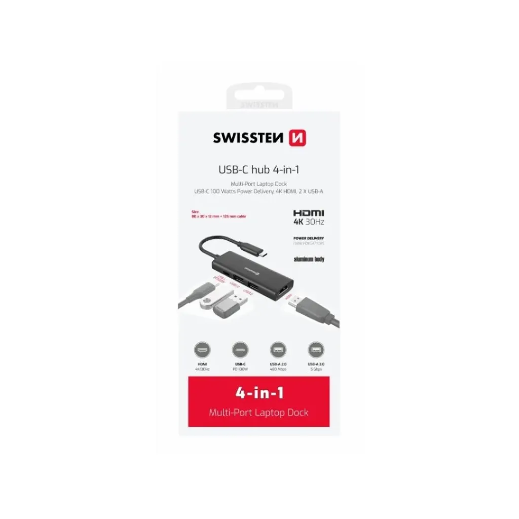 [8595217487383] Swissten Aluminium USB-C HUB (USB-C 100W PD, HDMI 4K, USB-A x2)