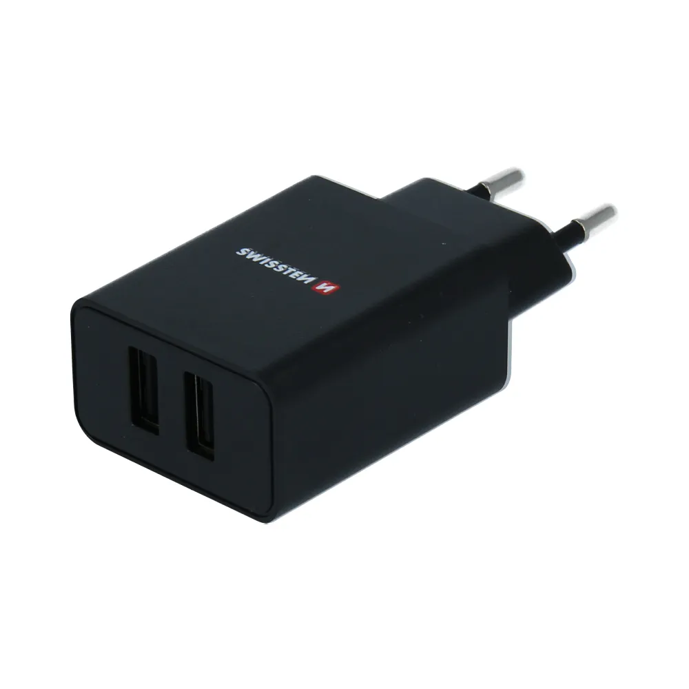 [8595217476851] Swissten Dual USB-A Port Charging Plug in Black 2.1A