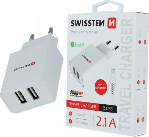 [8595217476844] Swissten Dual USB-A Port Charging Plug in White 2.1A