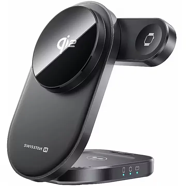 [8595217493407] Swissten Foldable Wireless QI2 MagBase 3-in-1 Black