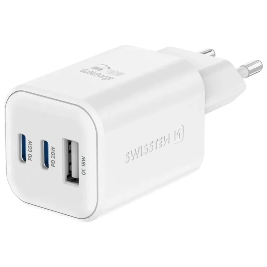 [8595217484535] Swissten GaN 2xUSB-C, 1xUSB-A 65W Charging Plug
